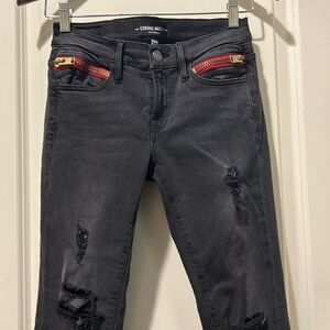 Etienne Marcel women distress skinny black denim jeans red zipper detail size 26